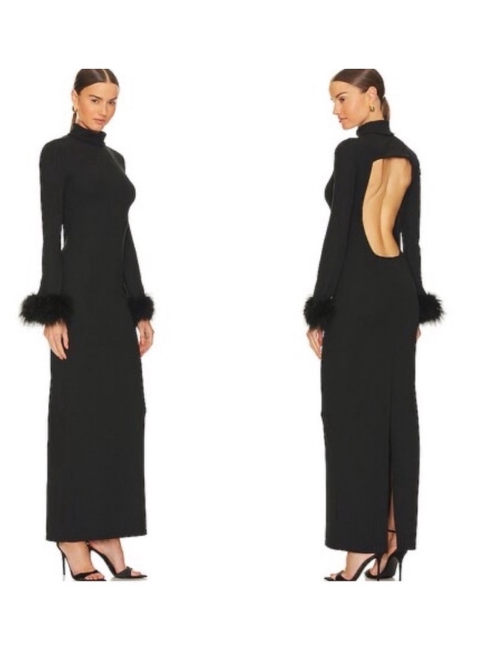 LPA Black Maxi Dress with Fur Cuffs